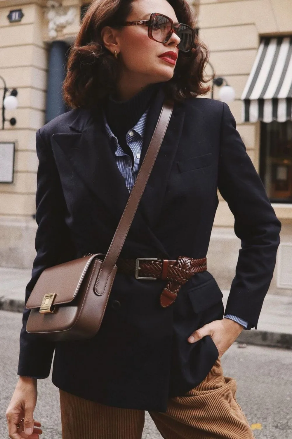 Navy blazer with striped shirt and corduroy trousers