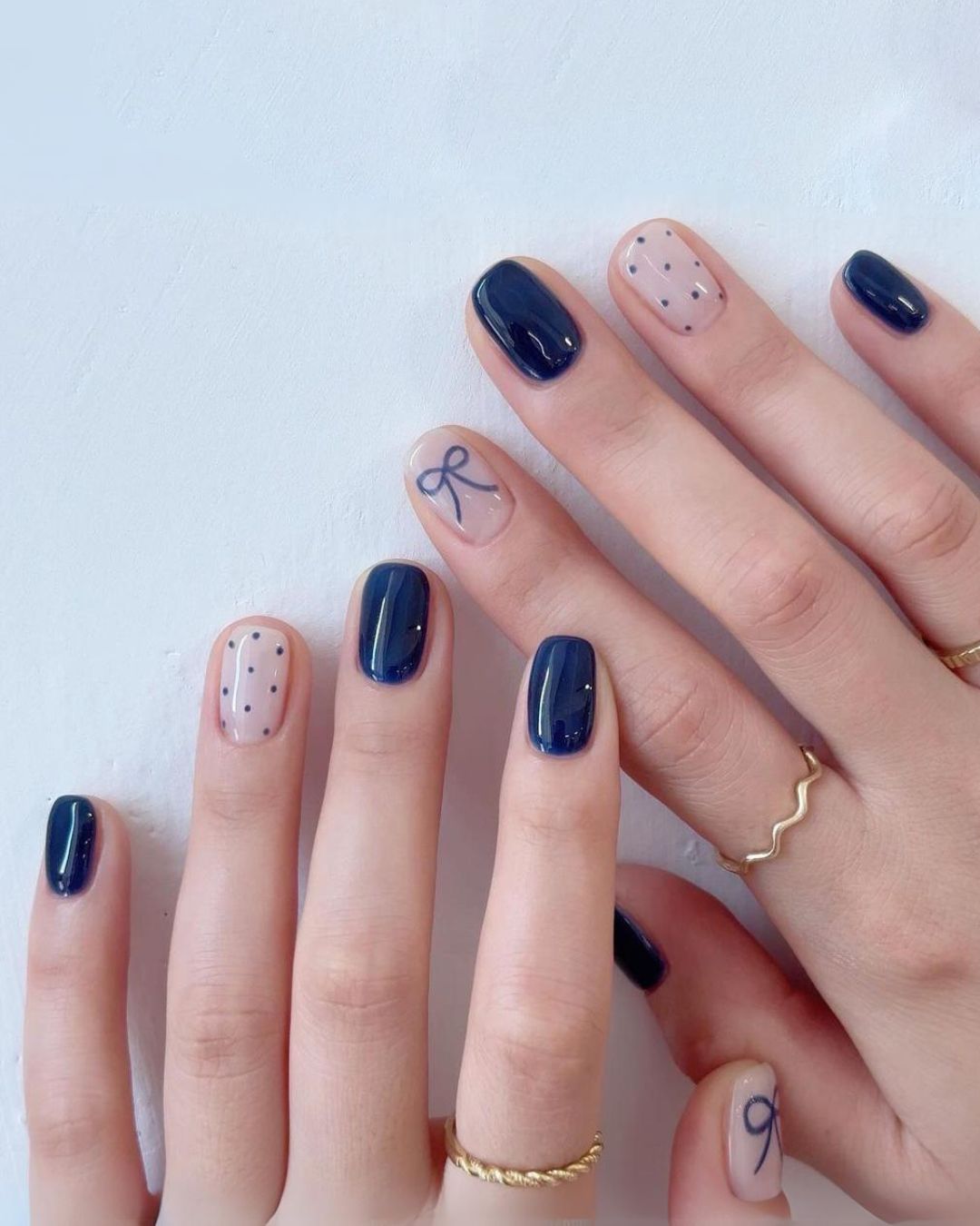 Navy blue Korean coquette nails