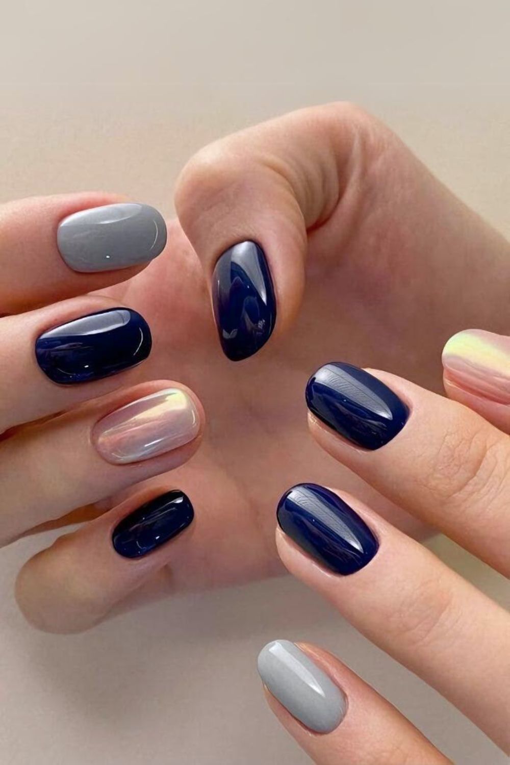 Navy blue and gray chrome nails