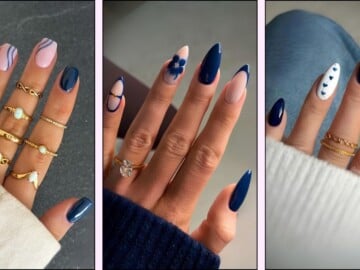 A collage of navy blue nail designs