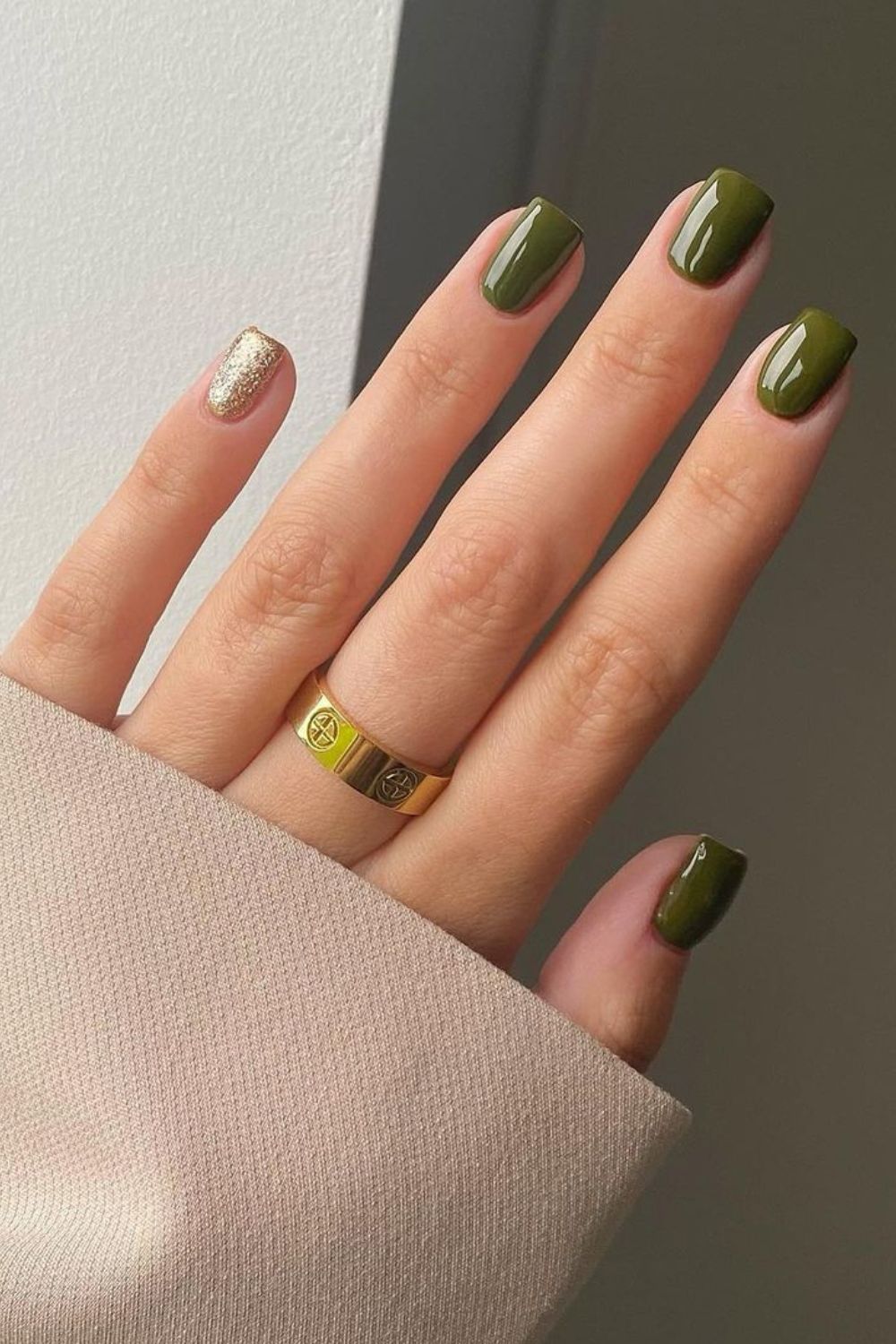 Olive green nails with gold accent nail