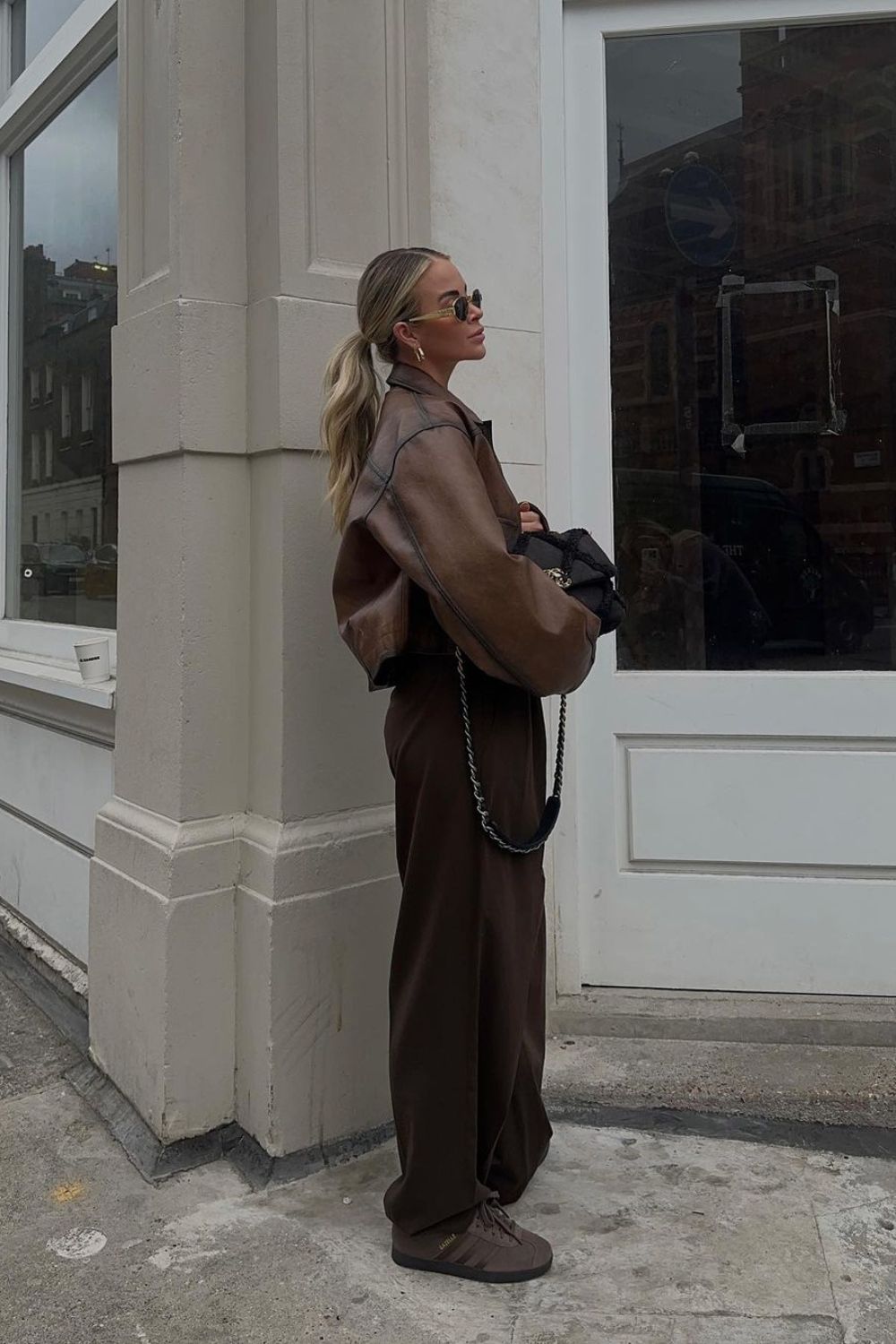 Oversized Brown Leather Jacket with Matching Pants