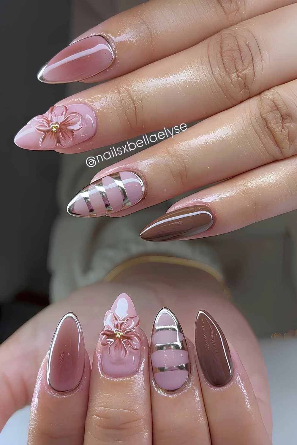 Pink and brown 3d floral nails