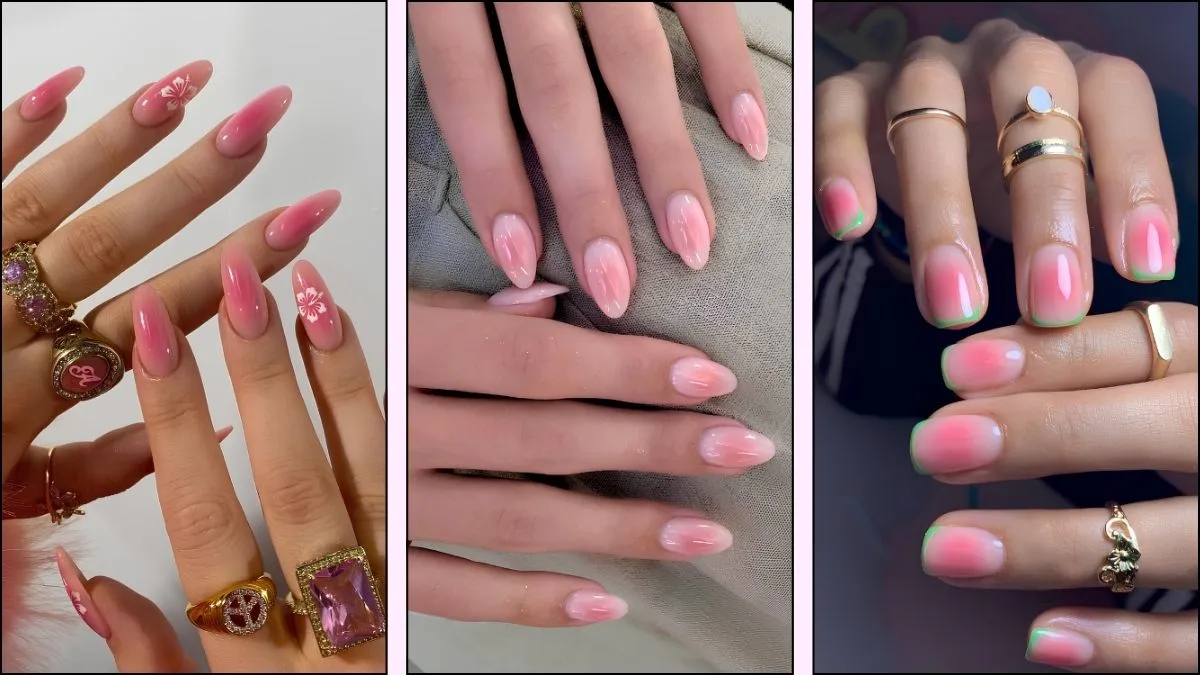 A collage of pink aura nail designs