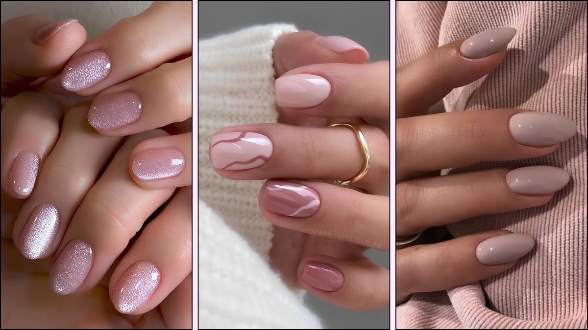 A collage of pink nail designs for fall