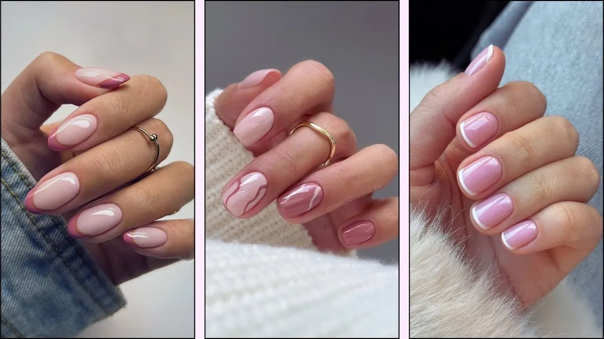 A collage of pink nail designs for fall