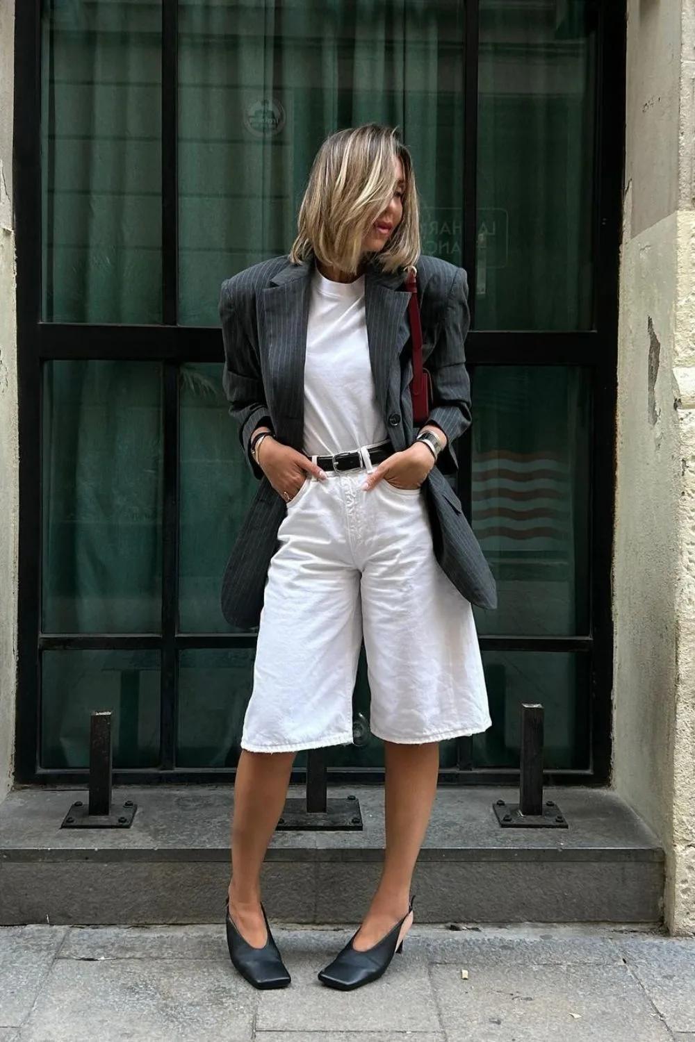 Pinstripe Blazer & White Bermudas