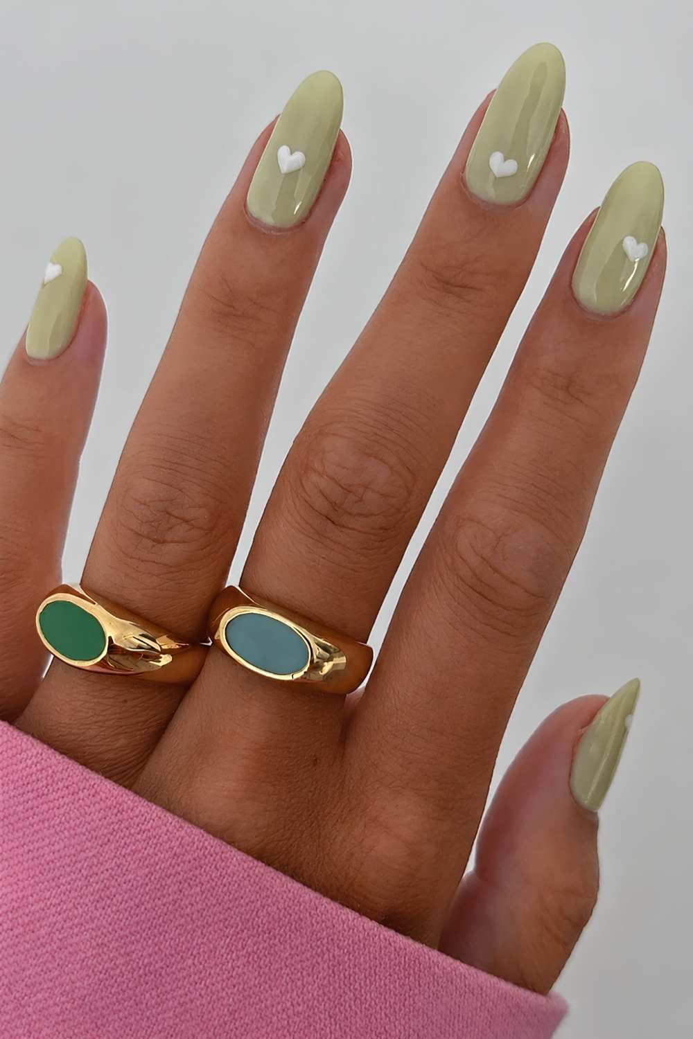 Pistachio butter nails with white hearts