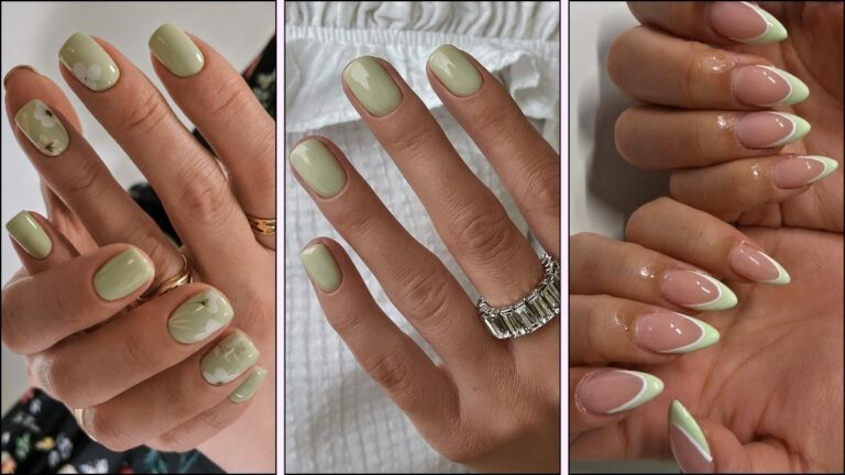 A collage of pistachio green nails