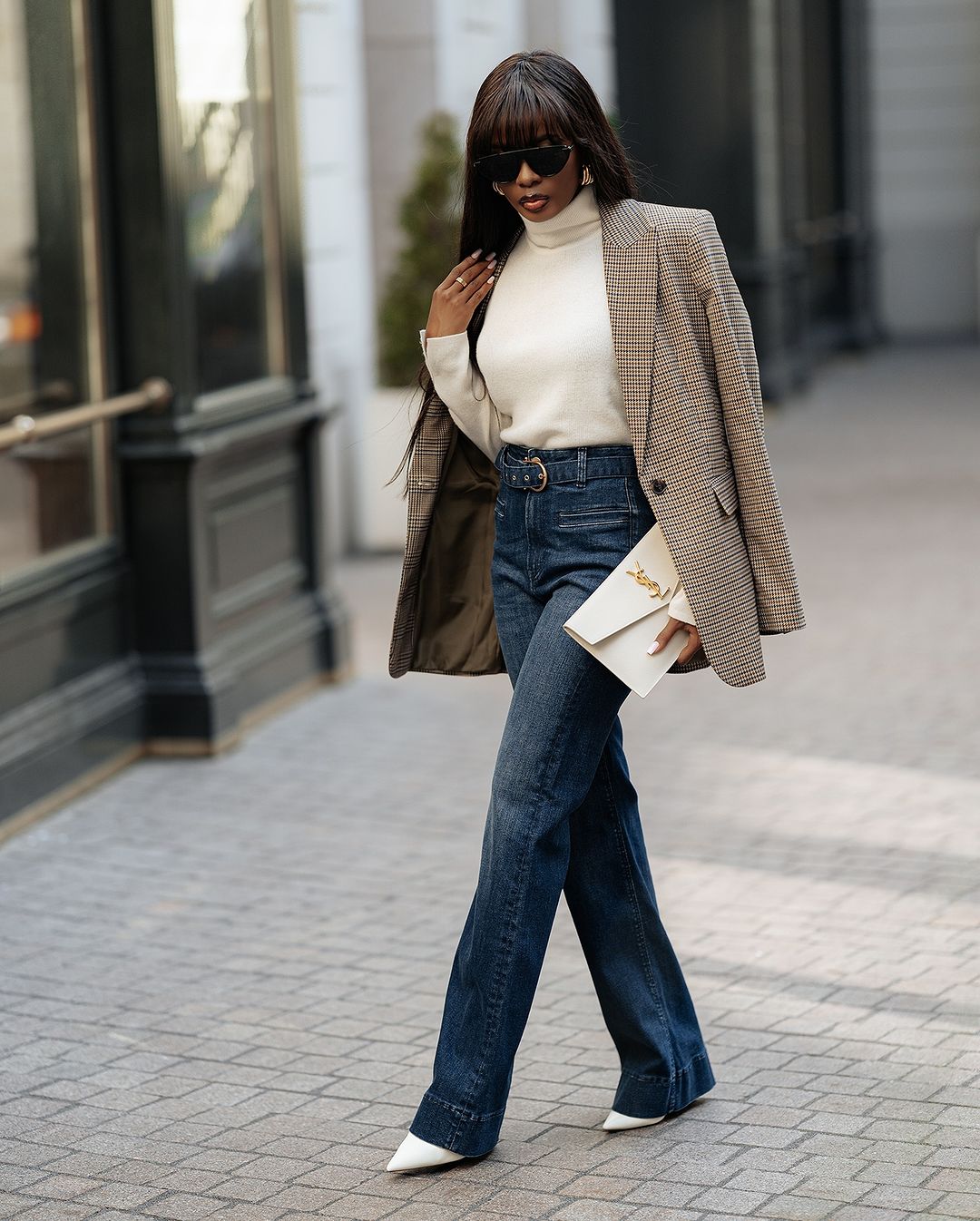 Plaid Blazer & Flared Jeans