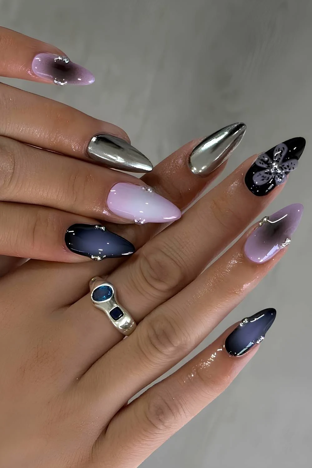 Purple and silver chrome with 3d flowers