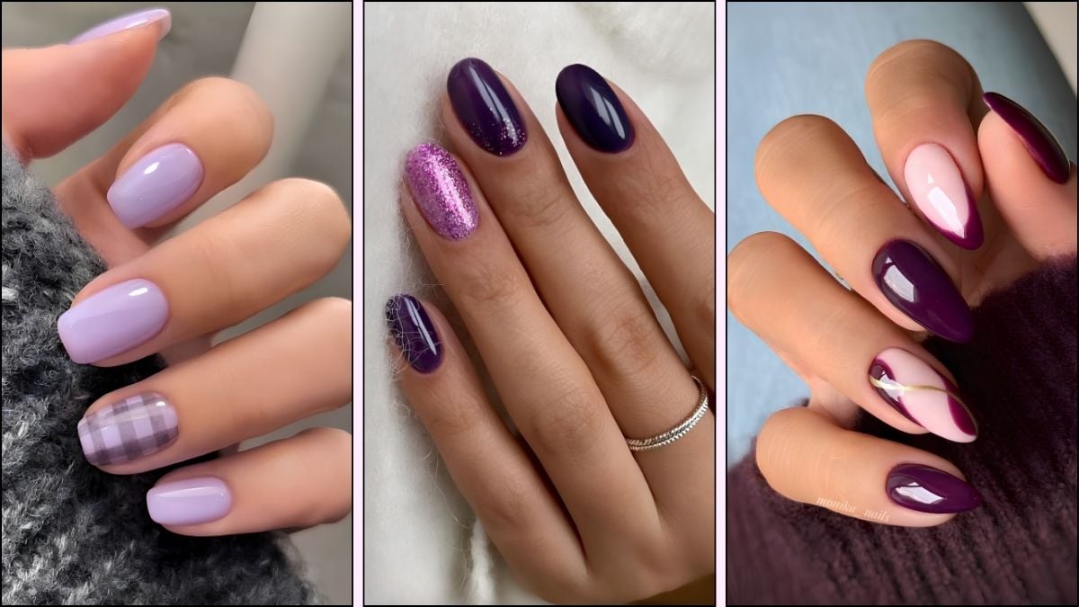 A collage of purple nail designs for fall