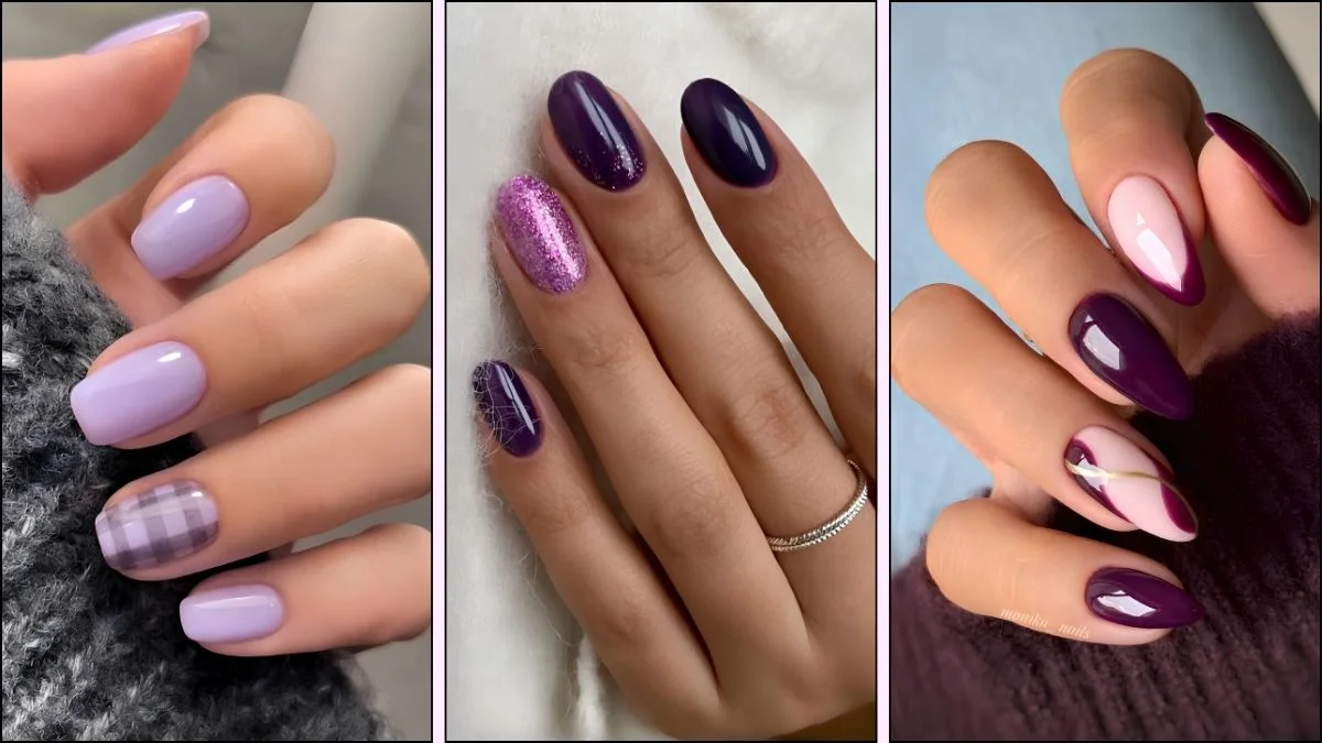 A collage of purple nail designs for fall