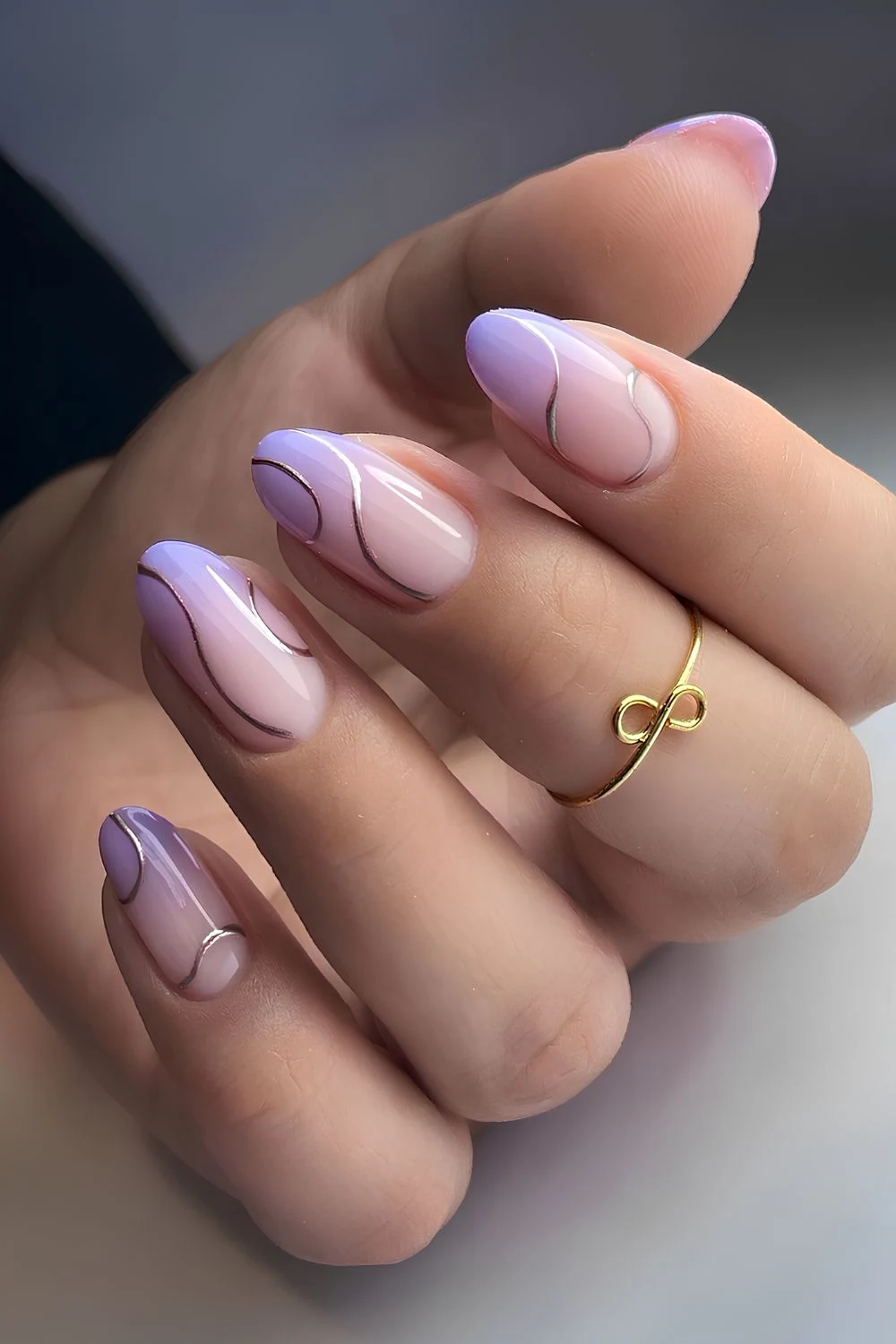 Purple ombre nails with silver chrome lines