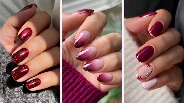 A collage of red nail designs for fall