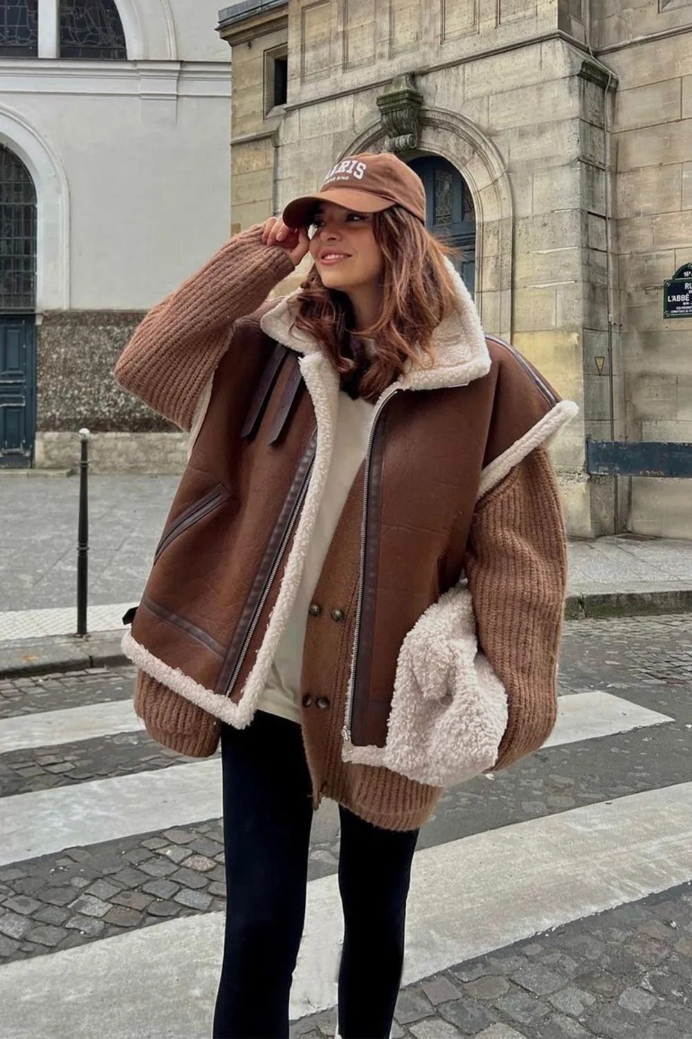 Shearling Jacket & Black Leggings