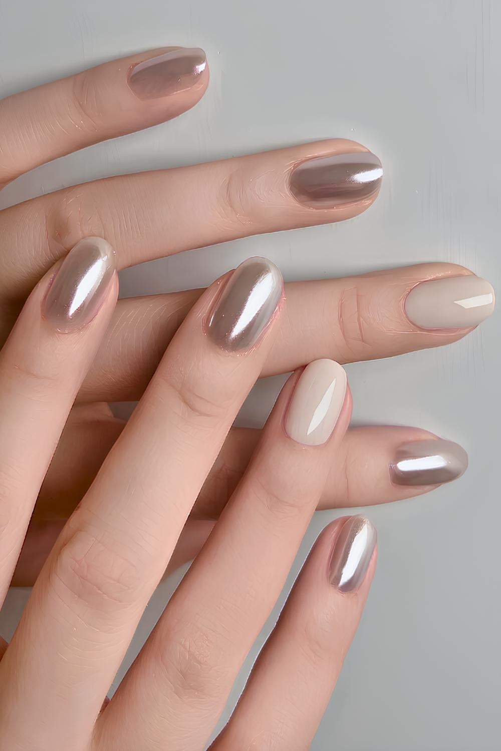 Silver chrome nails with taupe accents