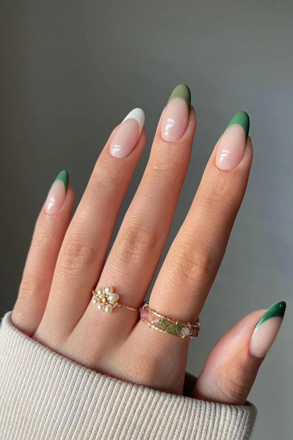 Skittle french nails in different shades of green