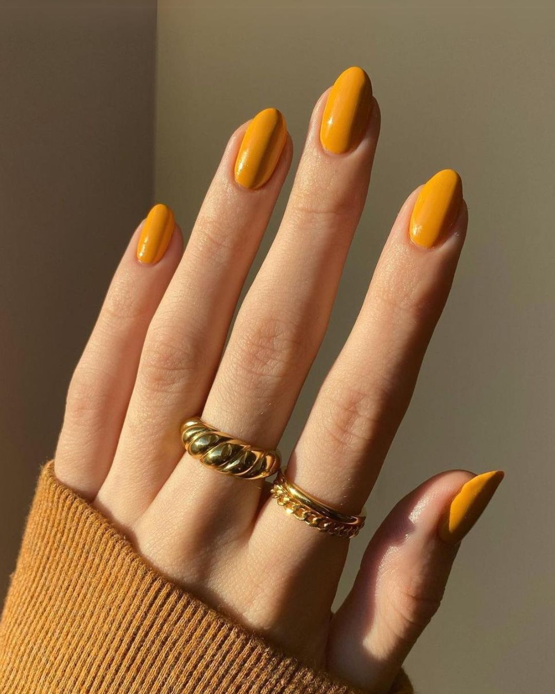 Solid mustard yellow Thanksgiving nails