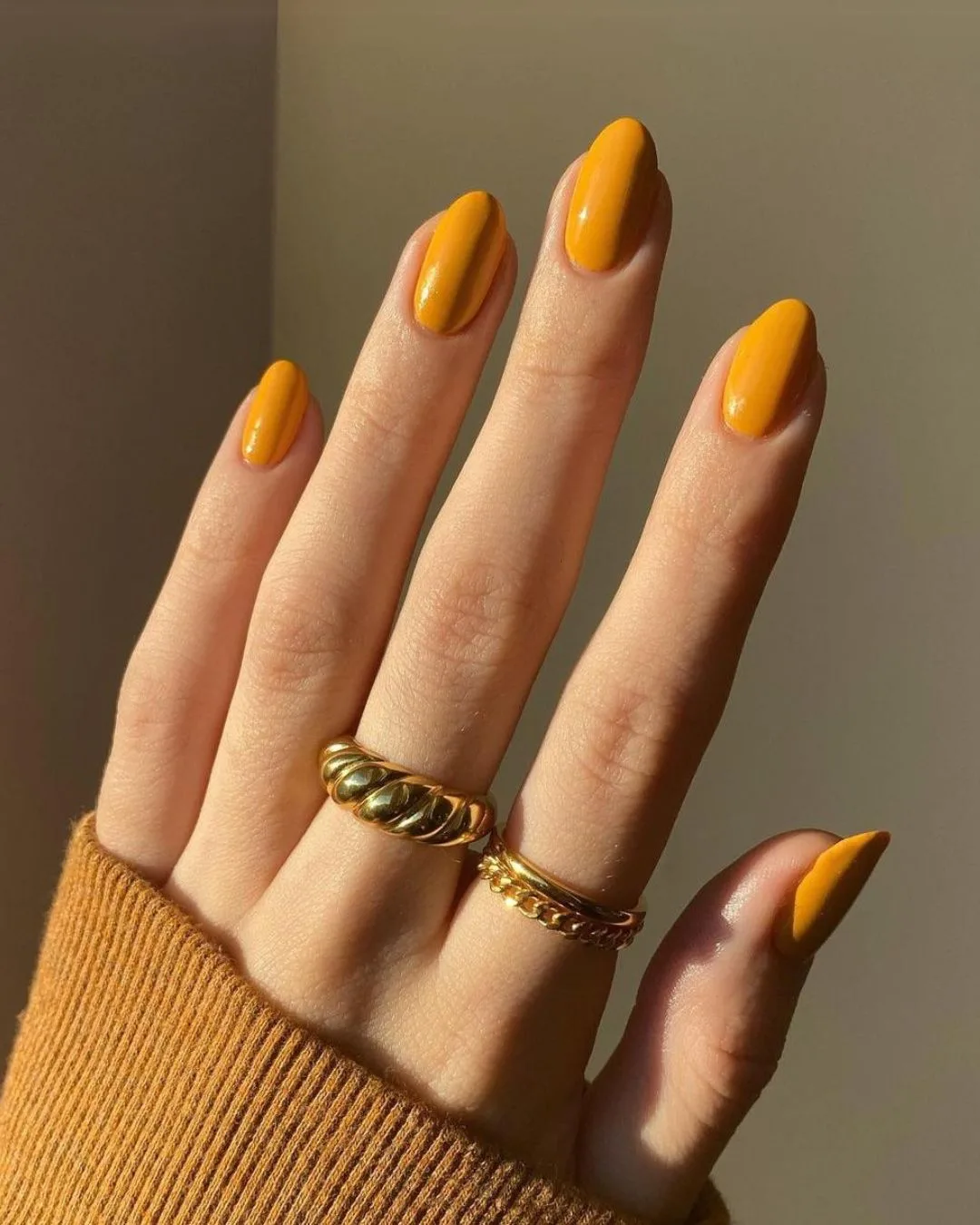 Solid mustard yellow Thanksgiving nails