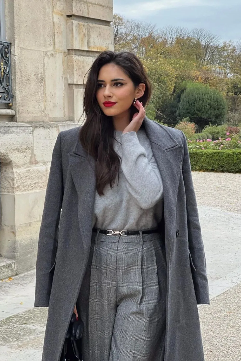 Tailored grey coat with plaid trousers