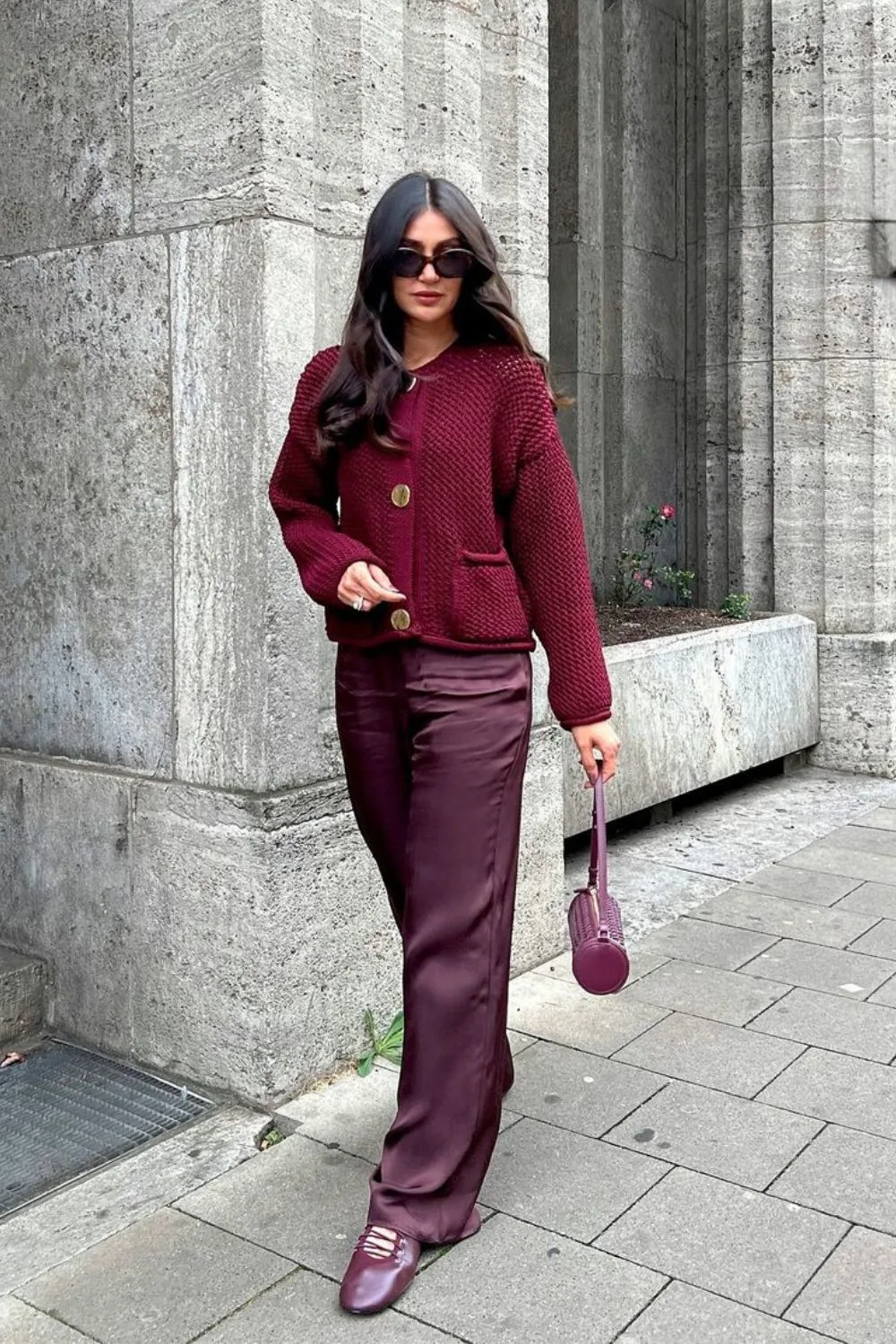 Textured burgundy Cardigan & Satin Pants