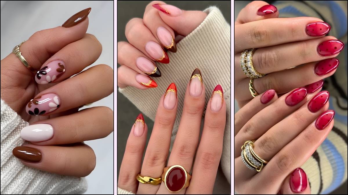 A collage of festive nail designs for Thanksgiving