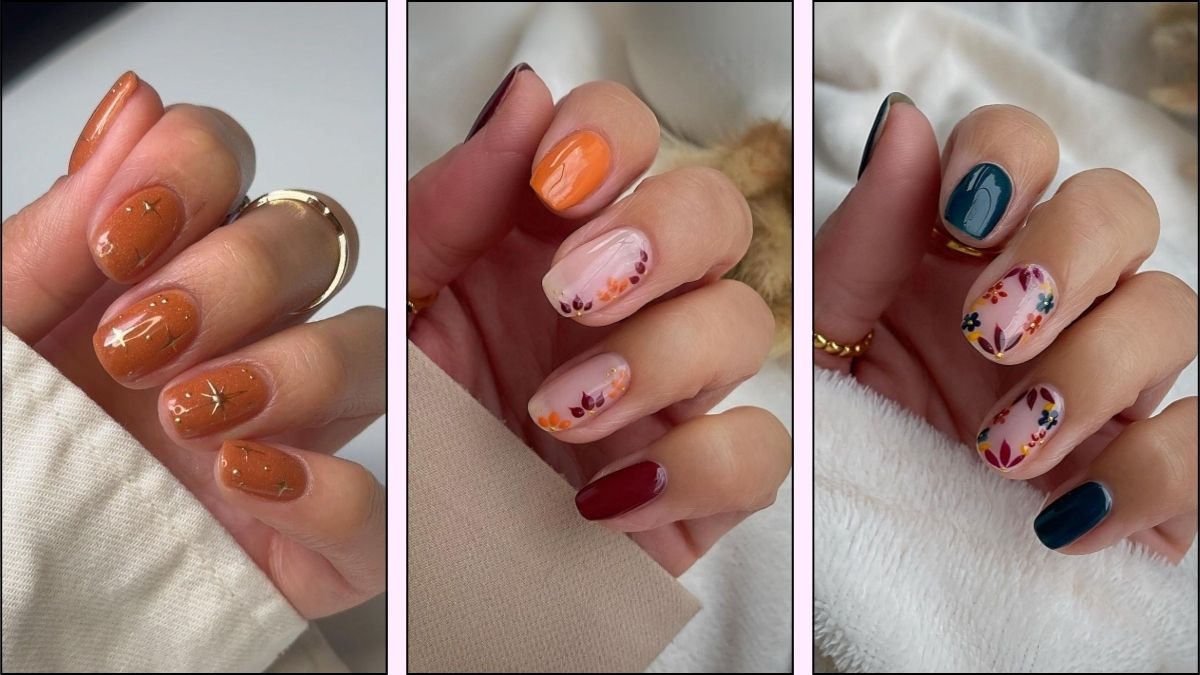 A collage of Thanksiving nail designs