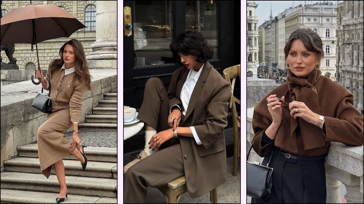 a collage of three brown outfits for fall