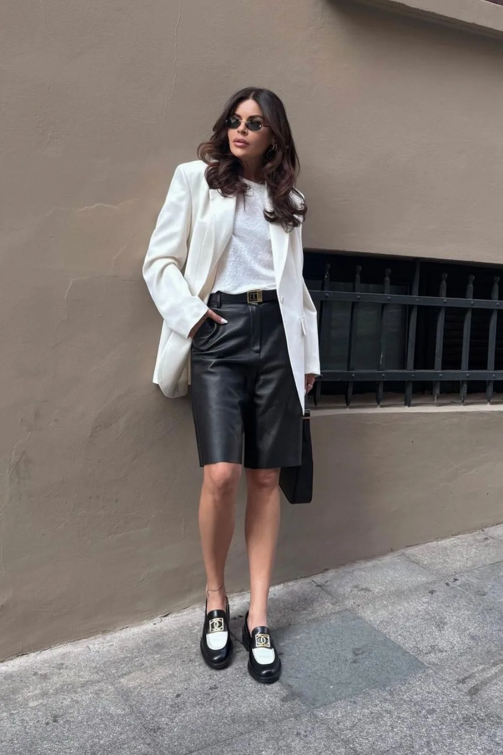 White Blazer & Leather Bermudas