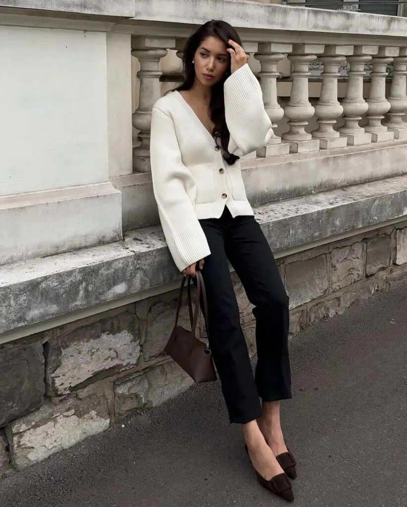 White Cardigan & Black Pants