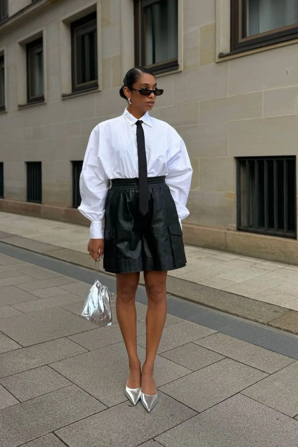 White Shirt, Tie & Leather Bermudas