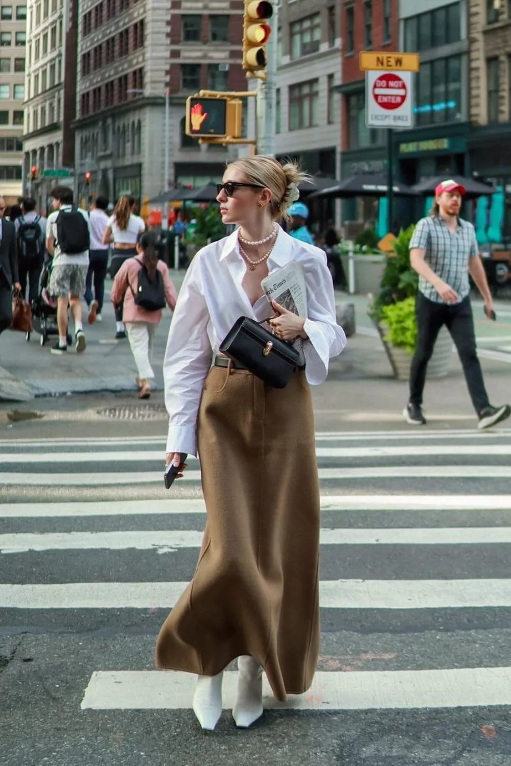 White Shirt with Camel Maxi Skirt