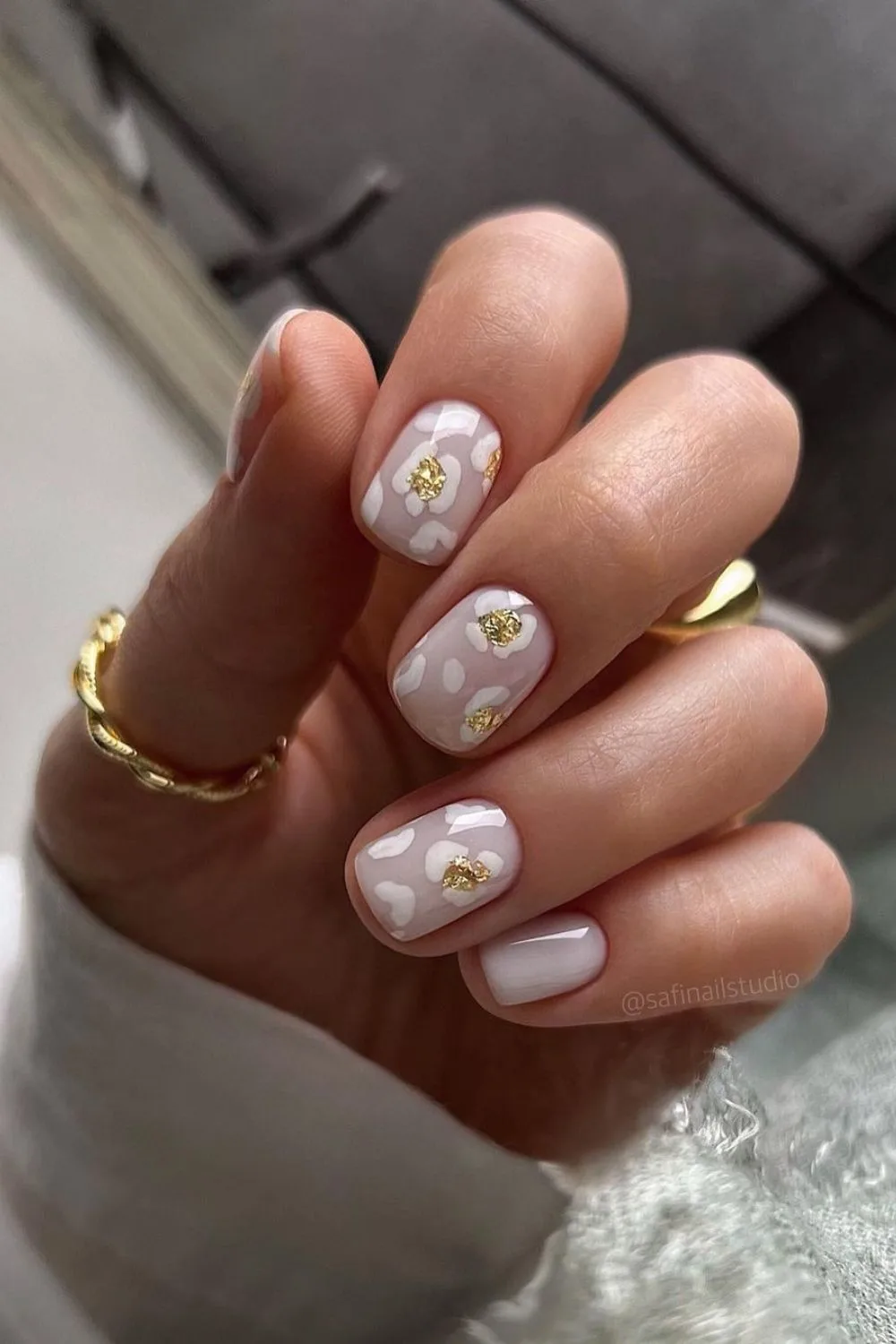 White leopard mani with gold foil