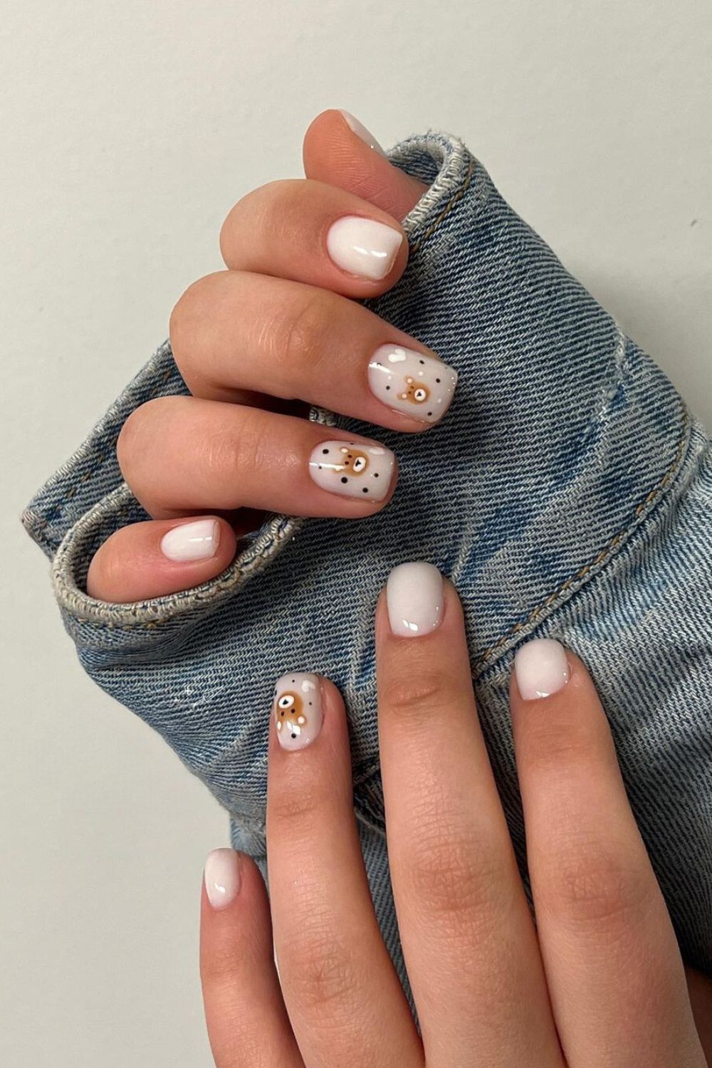 White nails with little teddy accents