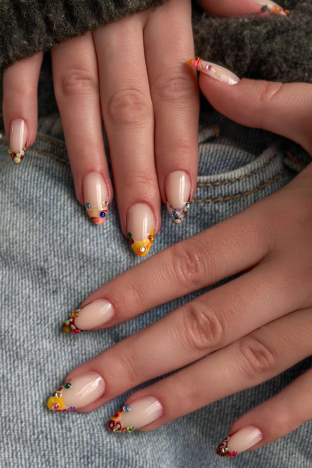 Yellow and brown French mani with rhinestones