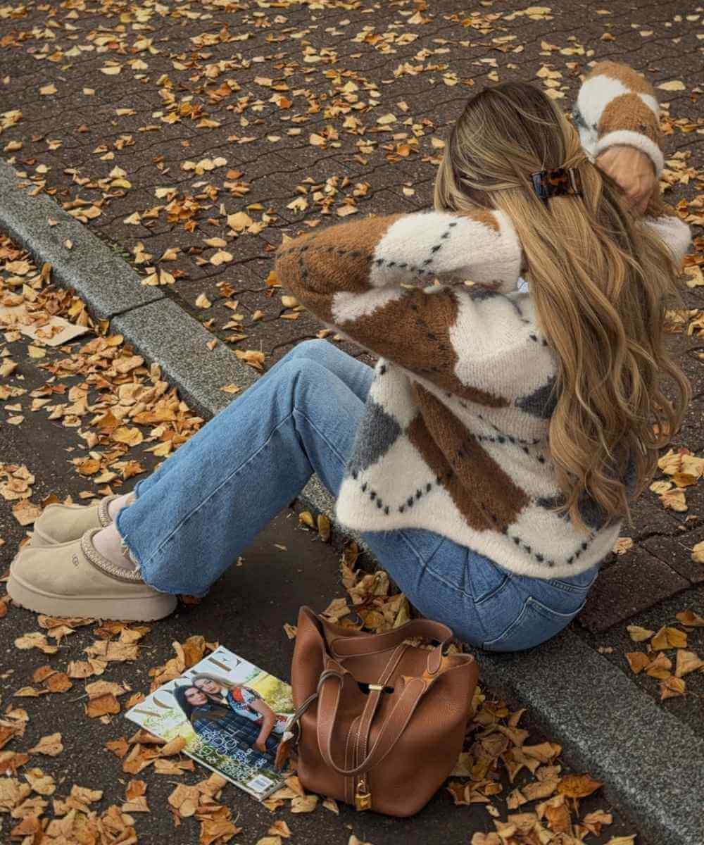 argyle cardigan with straight jeans and sand ugg tazz