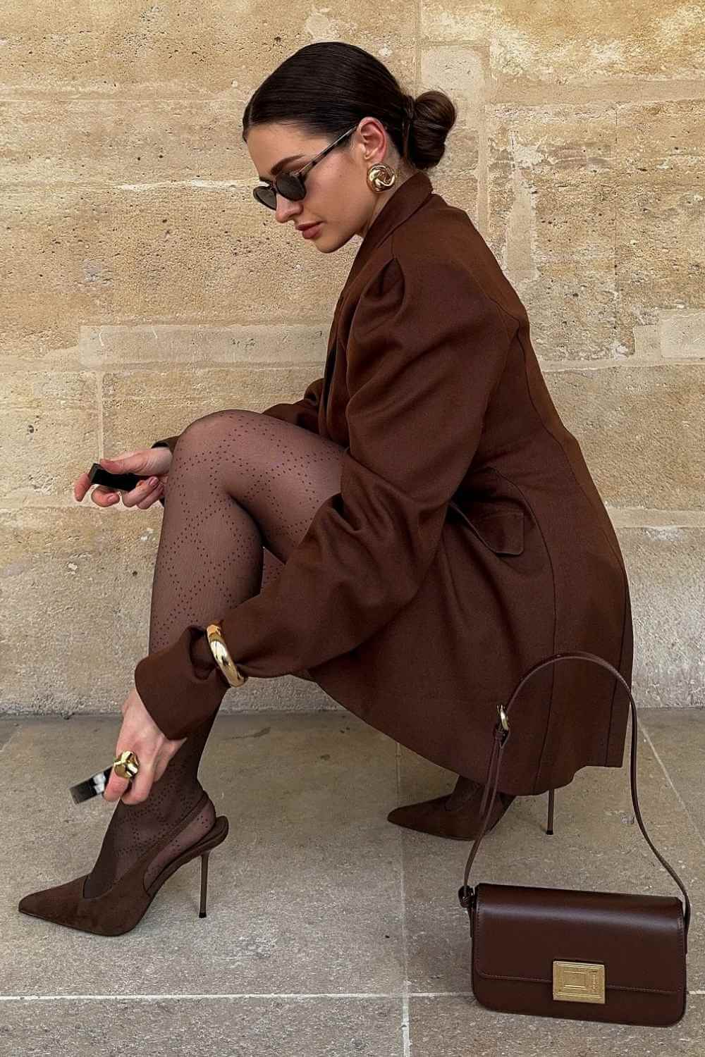 brown blazer dress with tights and suede heels