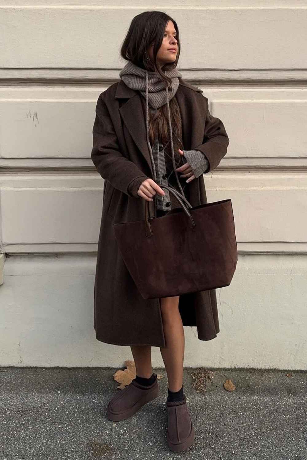 brown coat with argyle cardigan and chocolate uggs