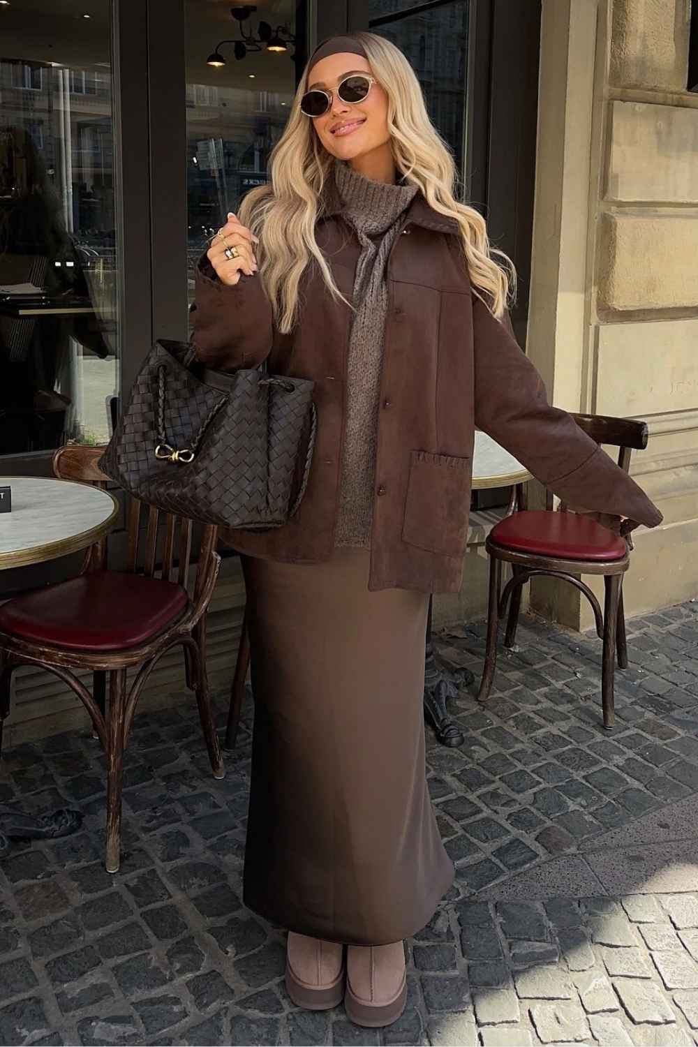 brown maxi skirt with suede jacket and mini uggs