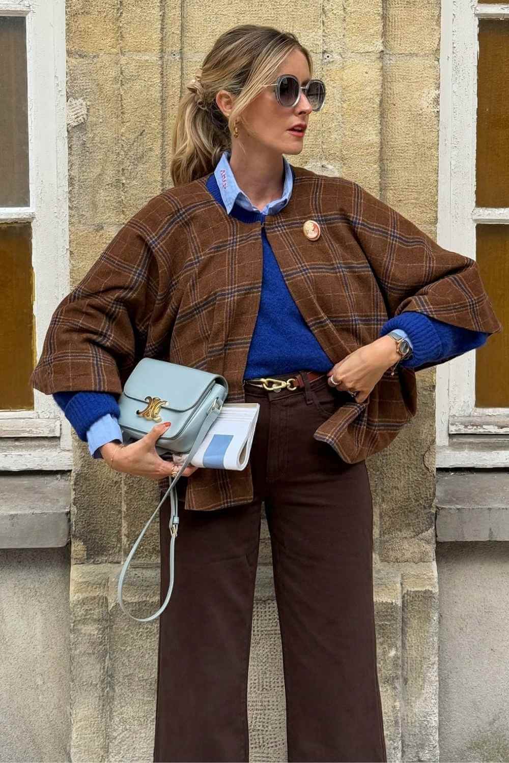 brown plaid jacket with cobalt sweater and brown jeans