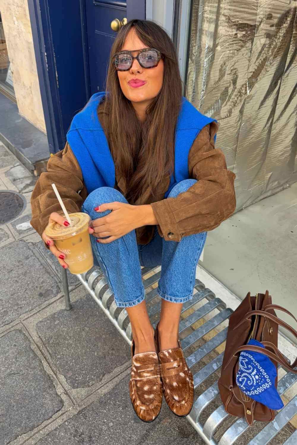 brown suede jacket with cobalt blue layer and loafers