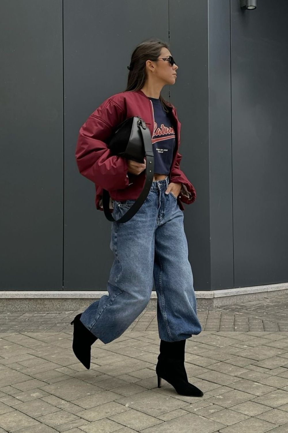 burgundy Bomber Jacket & Baggy Jeans