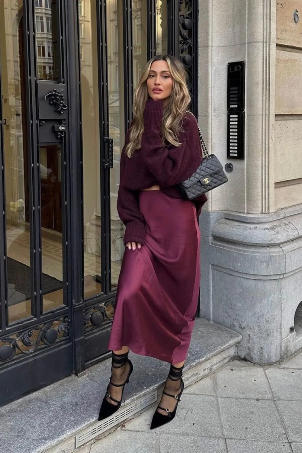 burgundy Silk Skirt & Chunky Sweater