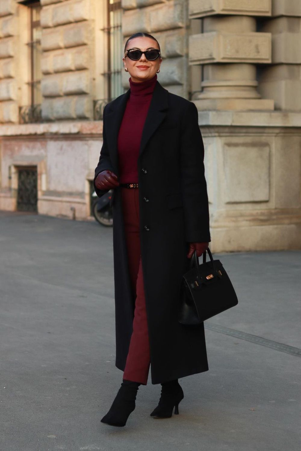 burgundy Turtleneck & Long Black Coat