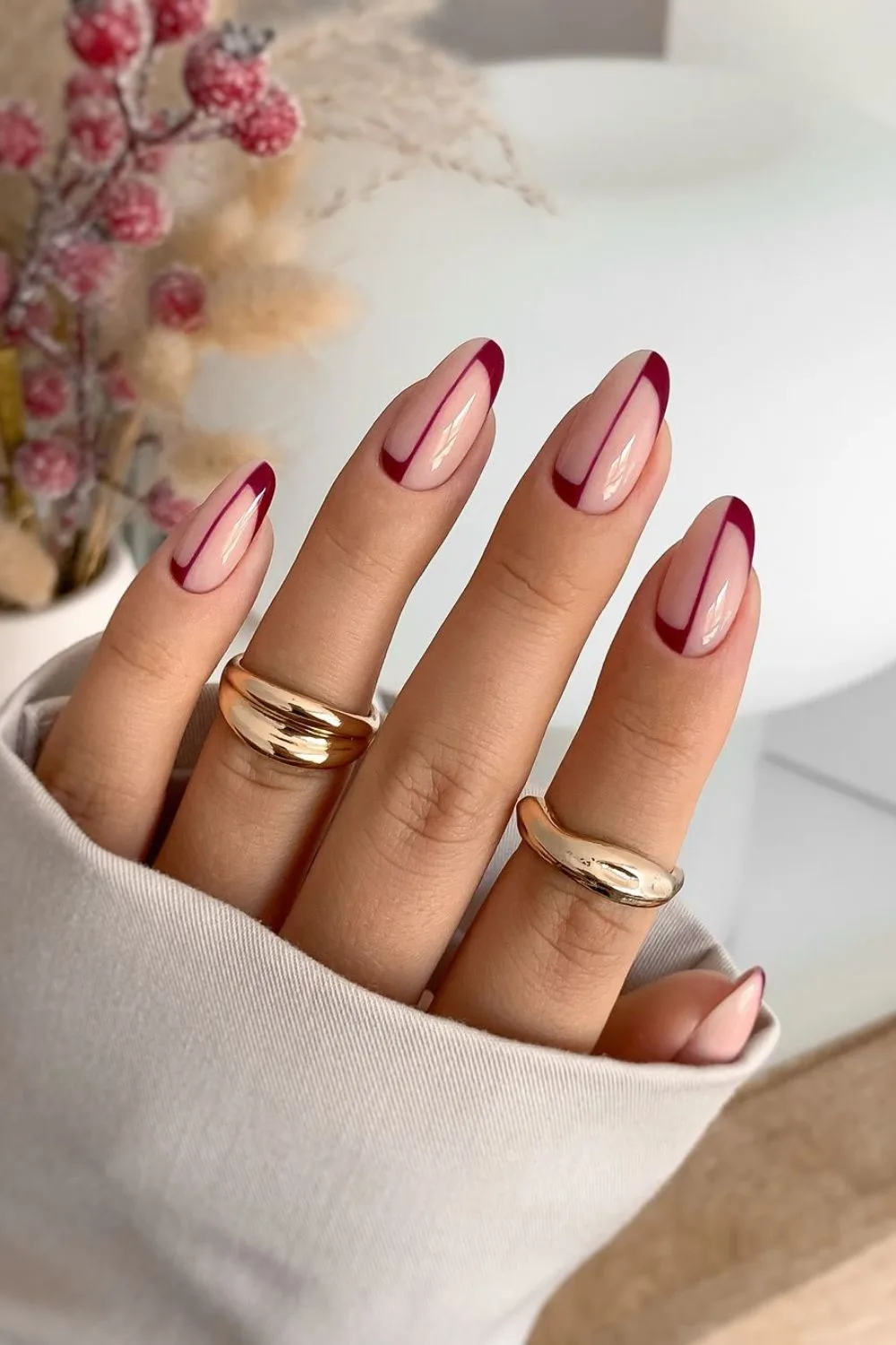 burgundy and soft pink nail design