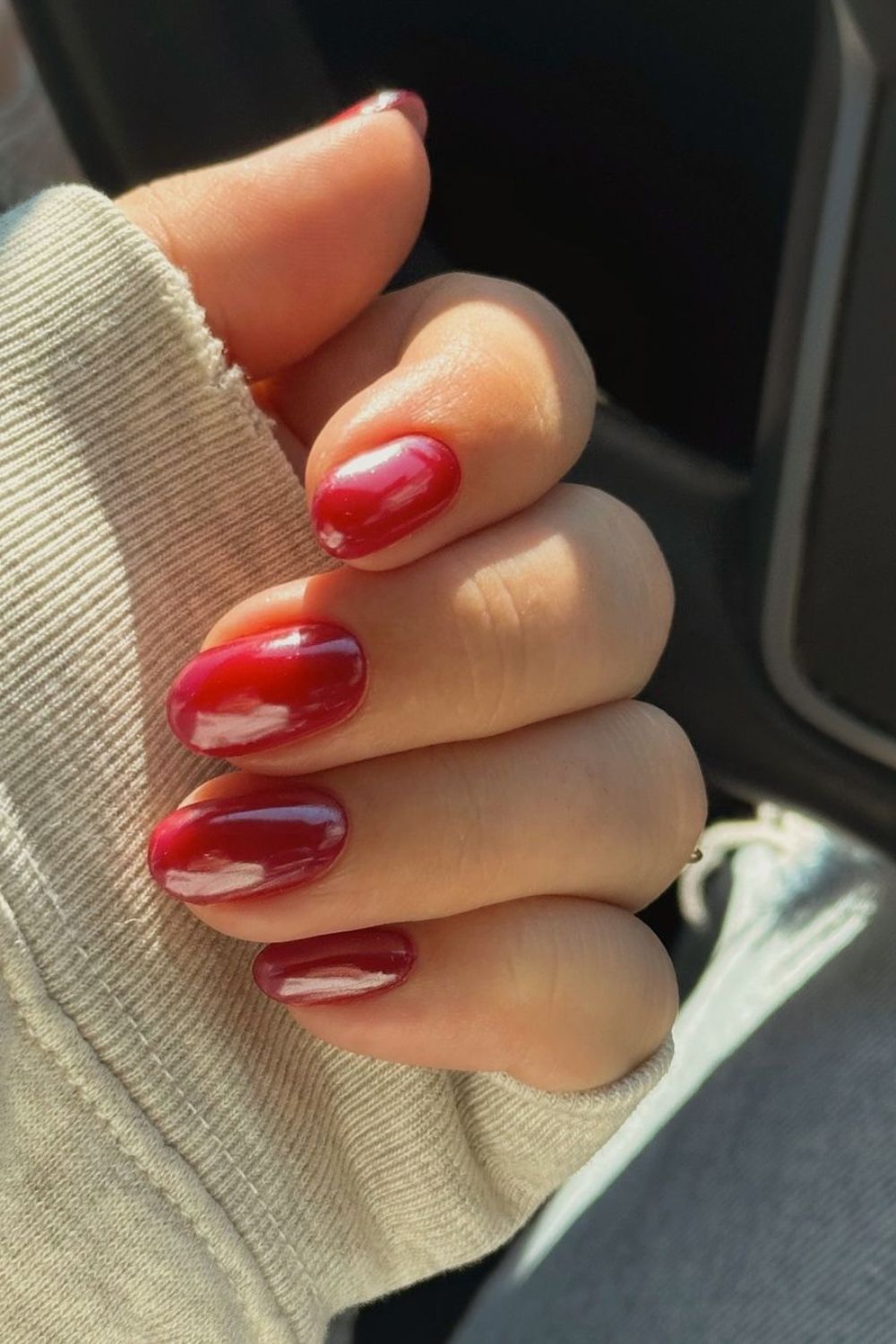 cherry red nails with white chrome