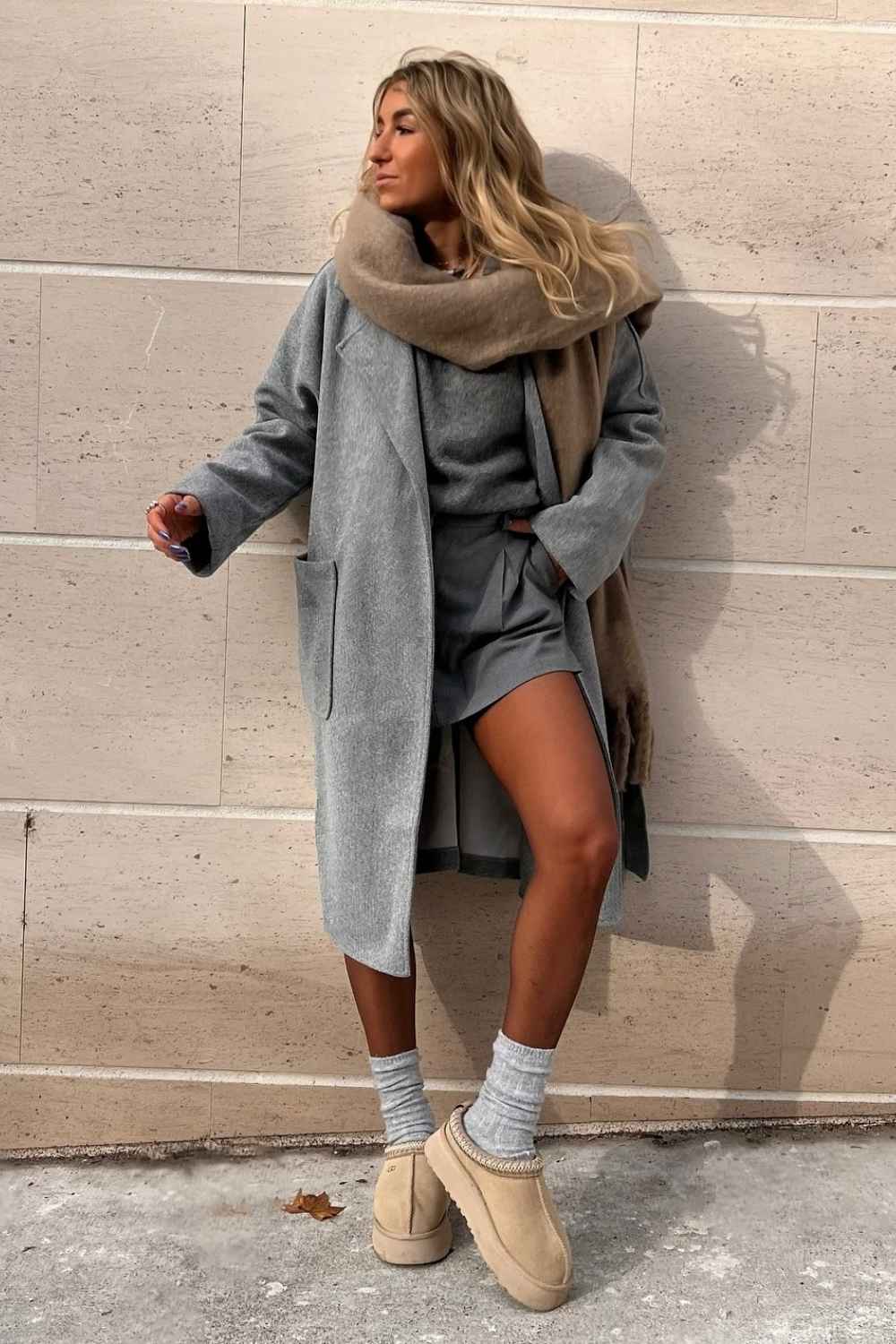 gray shorts set with long coat and sand ugg tazz