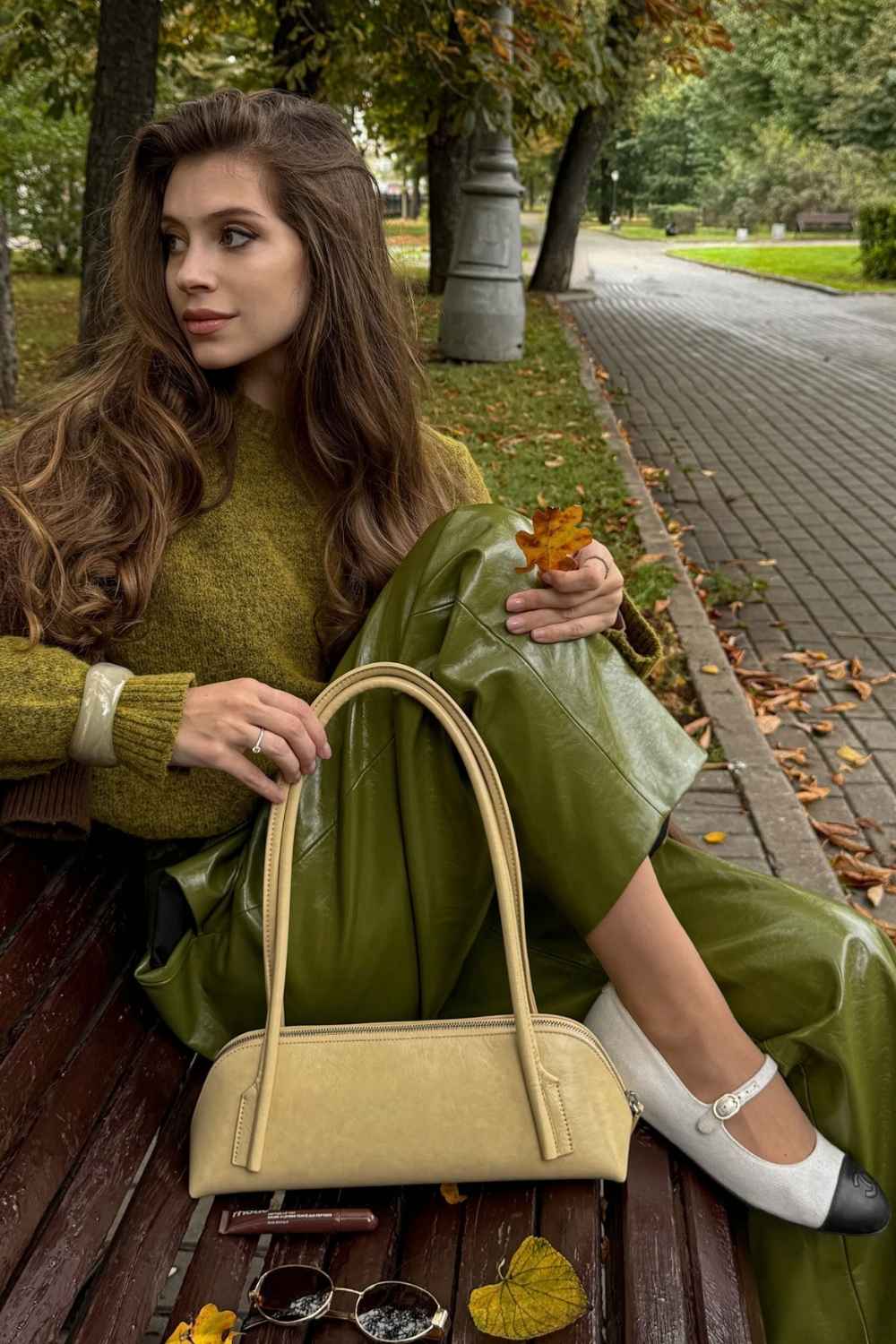 olive sweater with green leather pants and Mary Jane flats