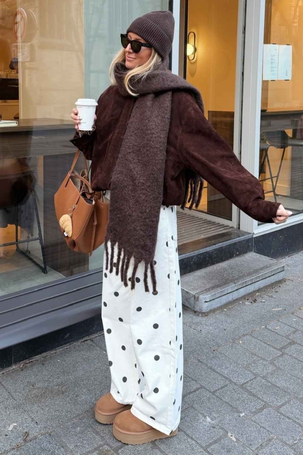 polka dot jeans with brown suede jacket and ultra mini uggs